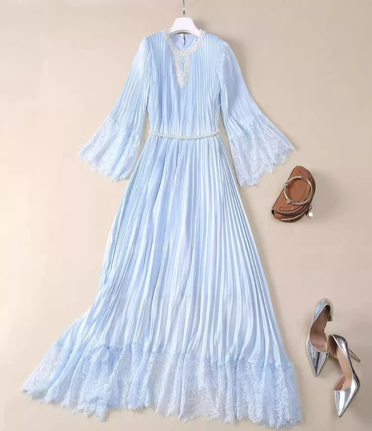 Blue Beading Lace Patchwork Loose Dress Women Elegant O-neck Vintage Clothing Lady Streetwear Holiday Party Vestidos Bodycon