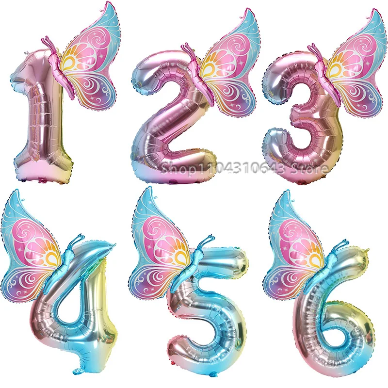 32 Zoll Farbverlauf Nummer 1-9 mit Schmetterlingsballon-Set für Kinder 1.-9. Geburtstagsfeier Dekoration Babyparty Brautparty Zubehör