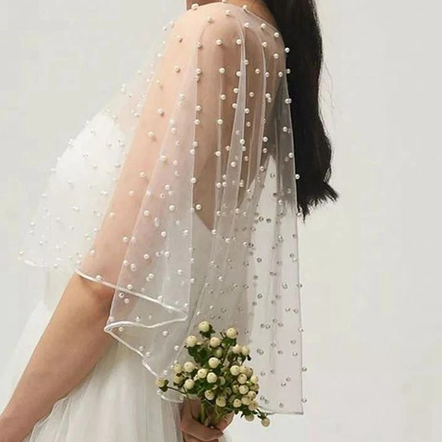 Wholesale White Ivory Womens Wedding Bridal Shawl Wrap Capelet See-Through Pearl Beads Jacket Bolero Tulle Cape