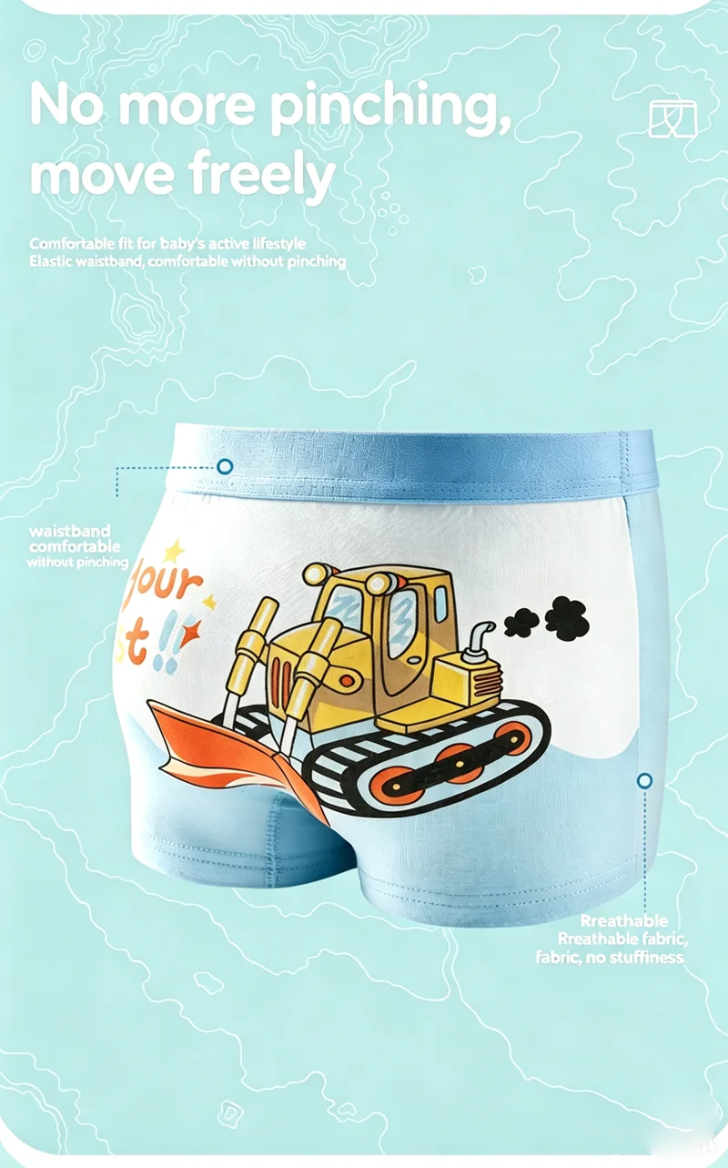 4 Stück Jungen-Unterwäsche mit Cartoon-Baufahrzeug-Motiven, Boxershorts, Kinderkleidung aus A-Klasse-Baumwolle, Atmungsaktive Weiche Kinderunterhosen – Detail 4