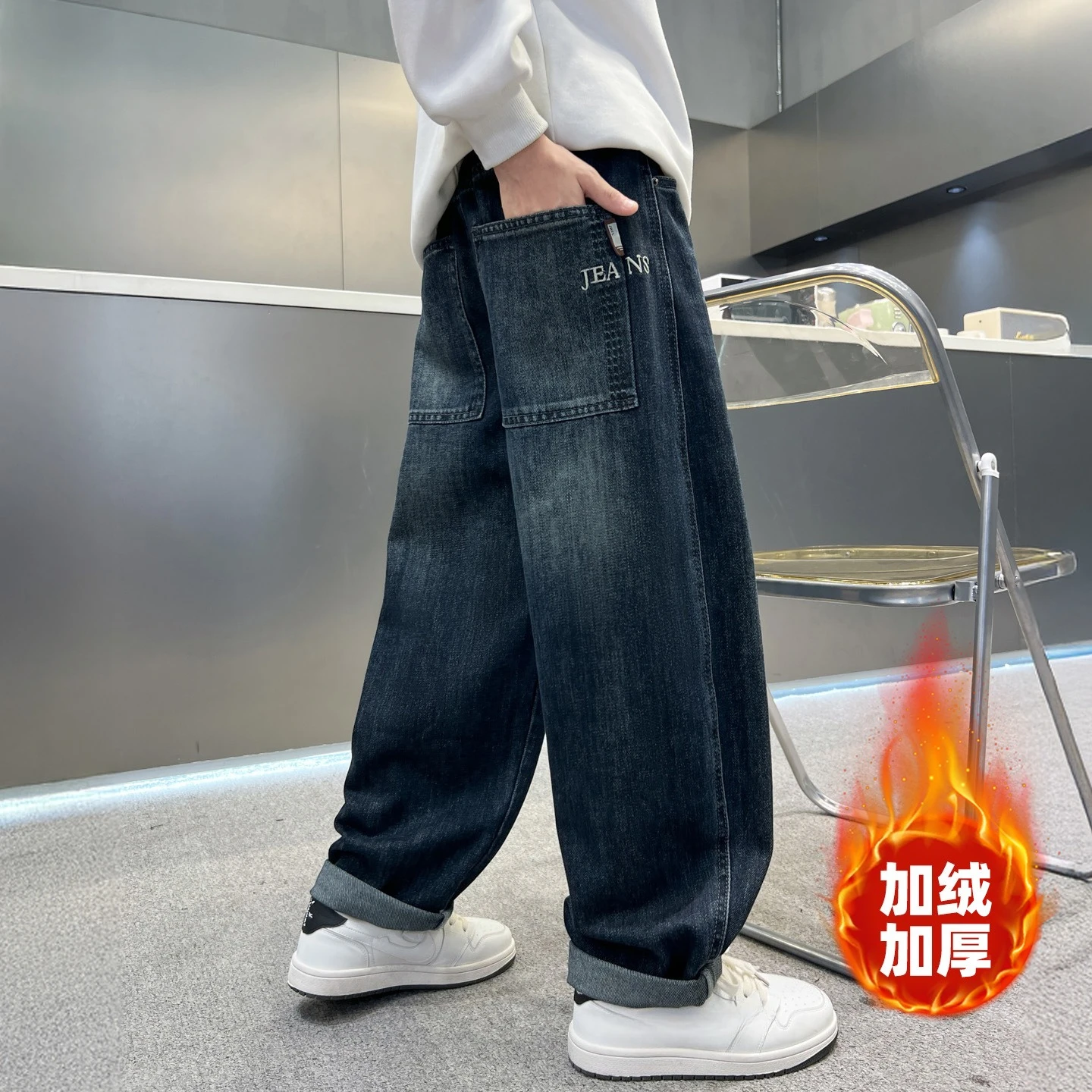 

Child Vintage Winter Insulated Letter Jeans Pants For Boys Casual Thickened Warm Fleece-Lined Denim Trousers For Kids Teenager