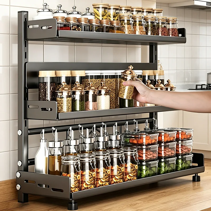 Portaspezie in metallo a 3 livelli, mobiletto da appoggio nero per organizzare la cucina, scaffale autoportante con ganci e portacoltelli, ideale per conservare spezie, caffè e articoli da bagno.