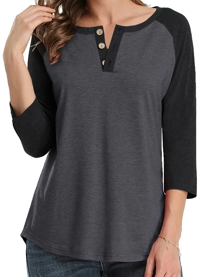 Plus Size 1XL-5XL Women's Notched Button Colored Casual Top with 3/4 Sleeves Comfortable Sports T-shirt