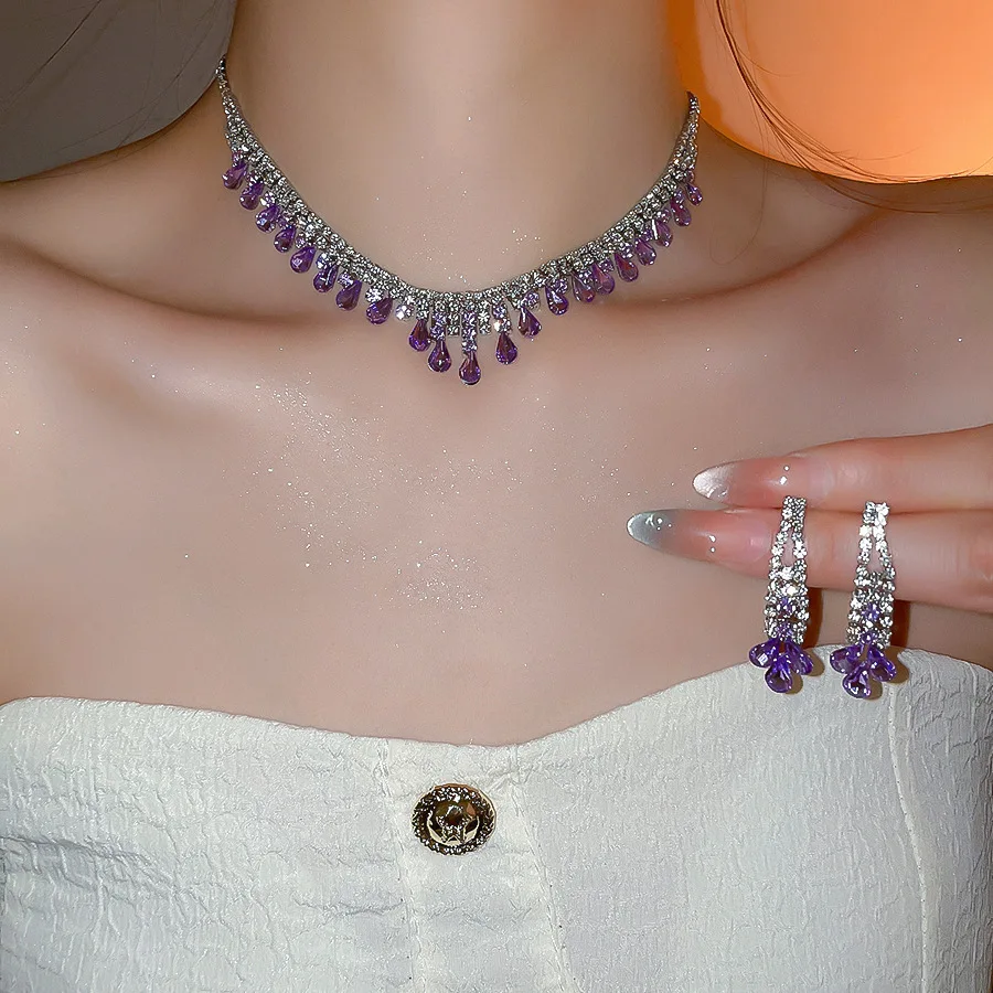 

Luxury Purple Rhinestone Bridal Jewelry Set Women's Fashion Shiny Water Drop Necklace Drop Earring for Wedding Party Banquet