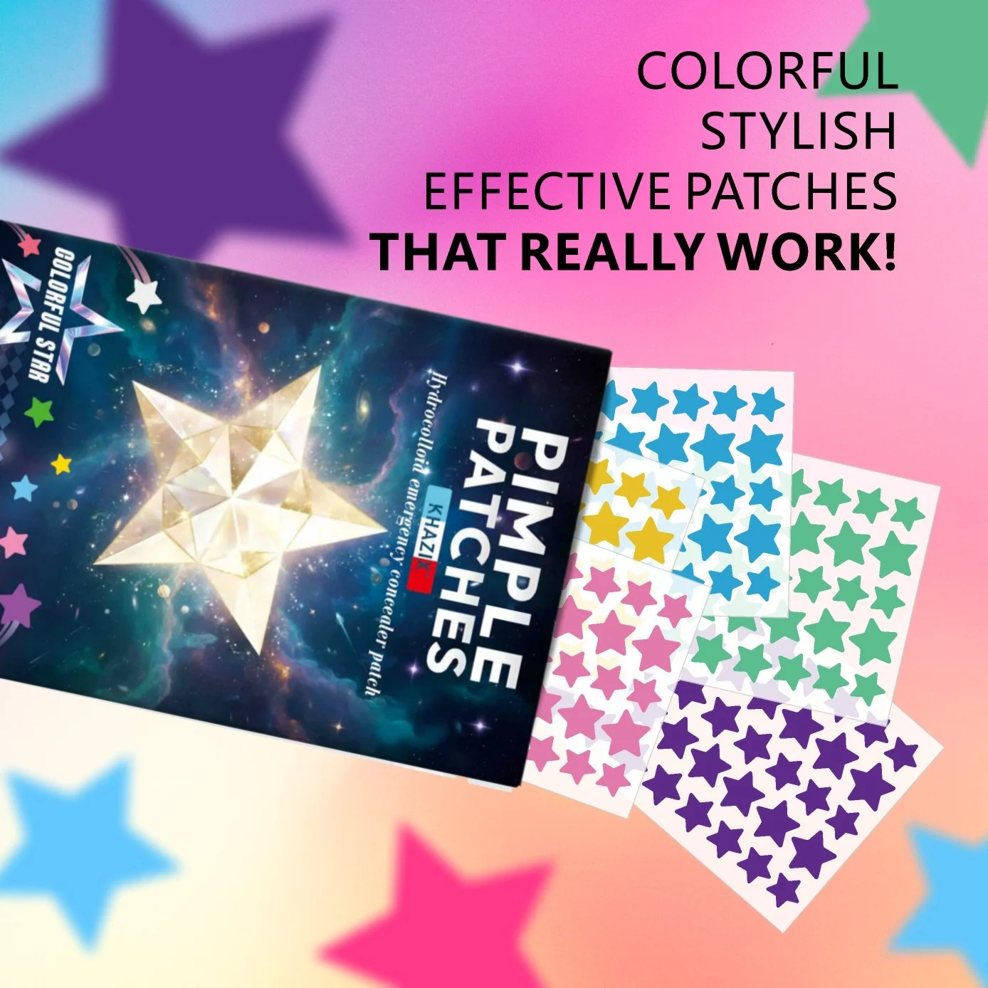 Count Superstar Hydrocolloid Pimple Patches - Cute star-shaped pimple patches, colorful and shiny, unscented, suitable for all l