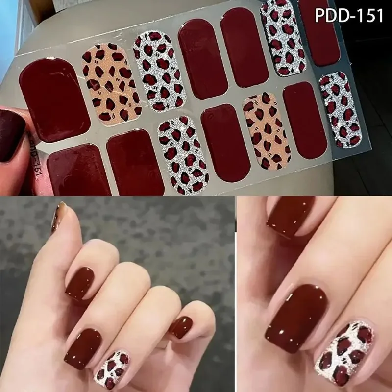 Auto-adesivo Glitter Full Cover Charme Nail Adesivos, Trendy Semi Curado, Envoltórios, Nail Art Paper Decoração, 14 Tiras