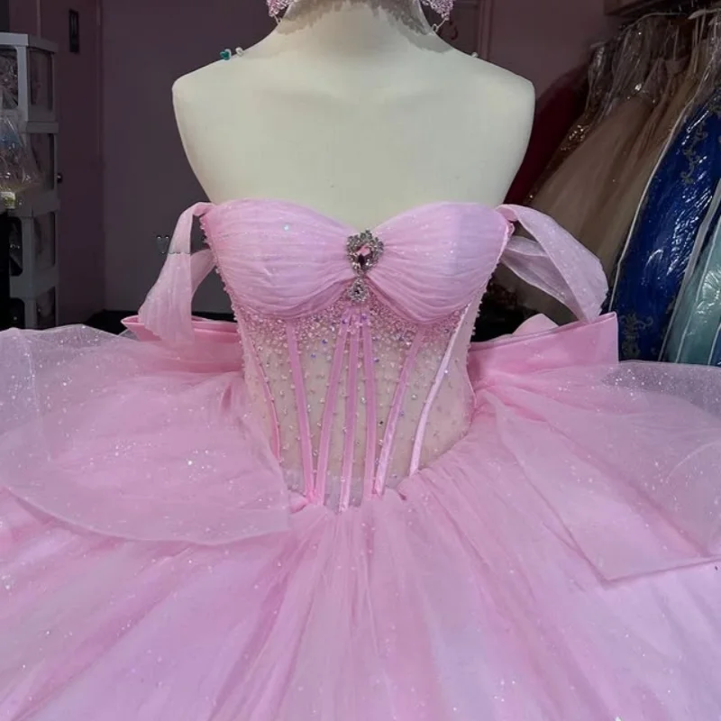 

Customized Shiny Pink Quinceanera Dresses Off the Shoulder crystal applique Lace layering Long tail Bow Vestido 15 Quinceanera