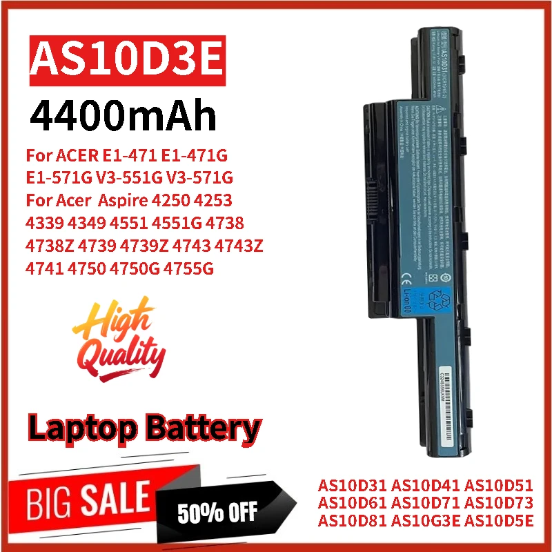 High Quality AS10D3E Laptop Battery 10.8V 4400mAh for Acer E1-471 E1-471G E1-571G V3-551G V3-571G Brand New Replacement Battery
