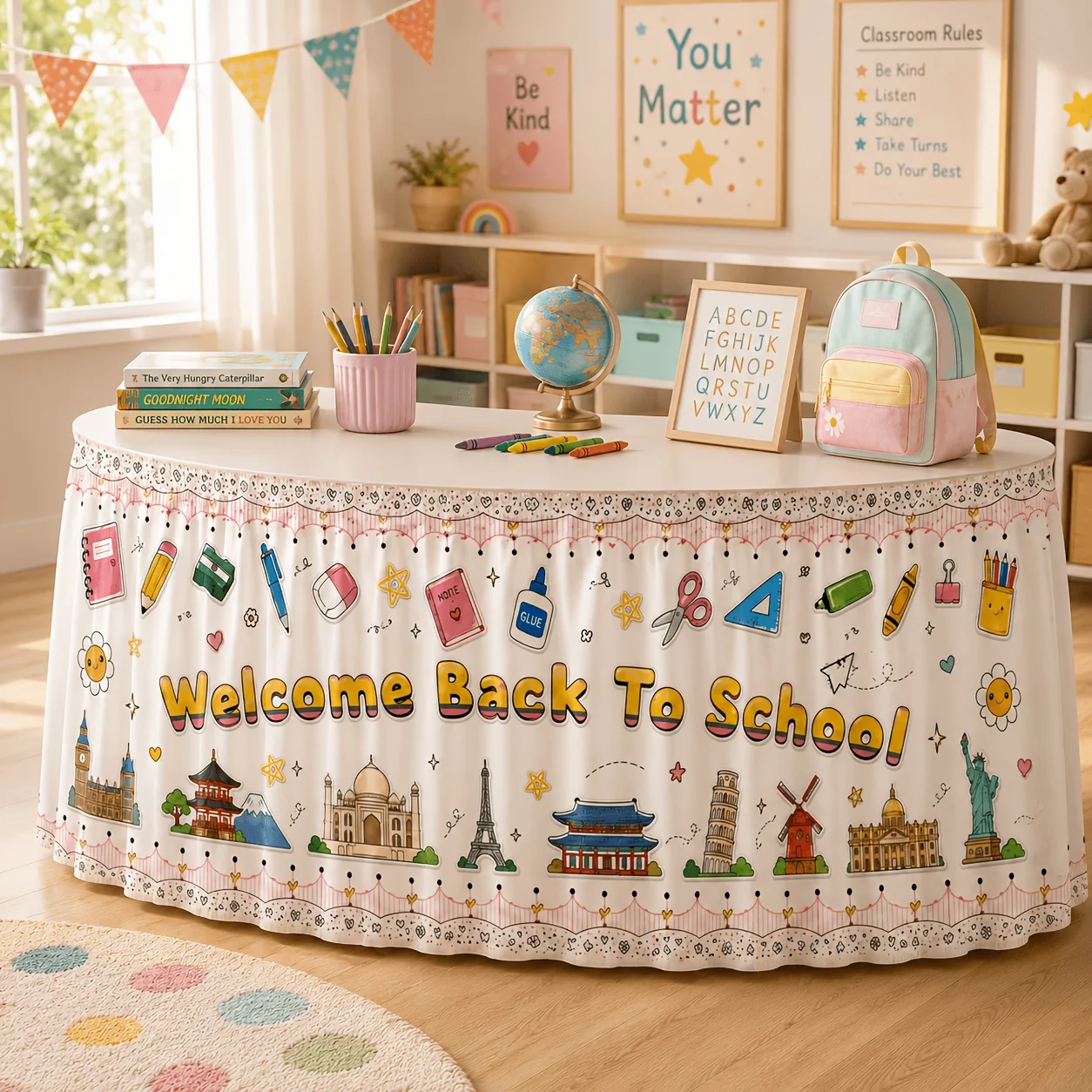 Welcome to the World Landmark Stationery Printed Table Skirt. It is suitable for classroom activities and teacher's offices.xzj