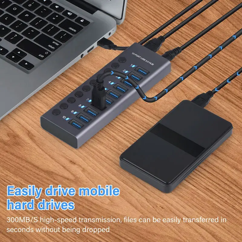 

4/7/10 Ports USB Hub A3.0 Multib Splitter Concentrator Multiple Extension Dock with Powe Switch Adapter for PC Laptop