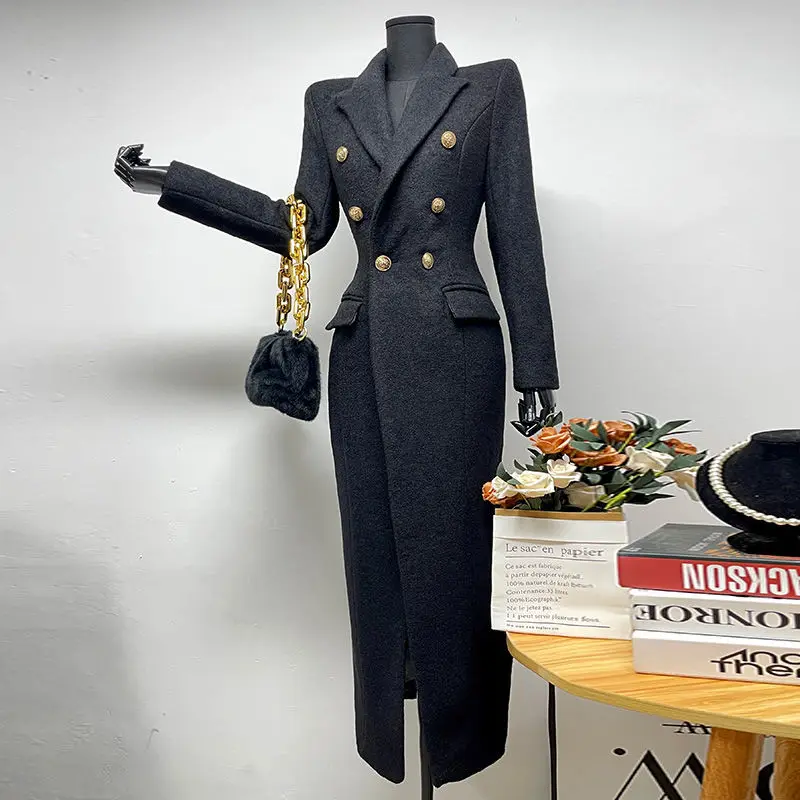 Women's Black Long Wool Coat Autumn Winter Tweed Jacket New High-end Lapel Double-Breasted Elegant Fitted Long Outerwear