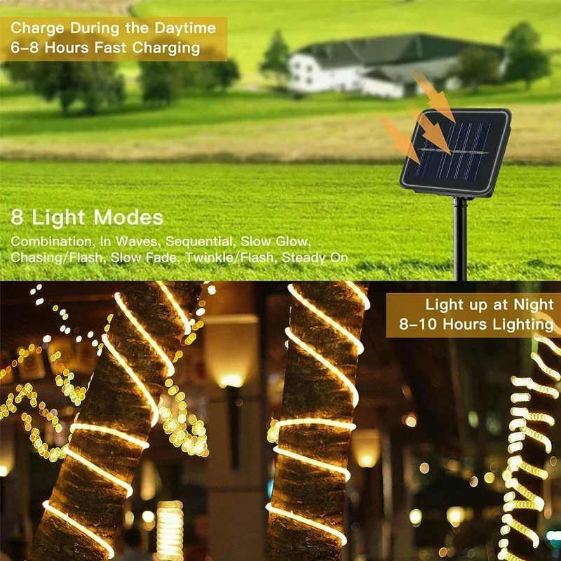 Solar Rope Lights Waterproof LED Light Rope Solar String Lights Outdoor for Patio Pool  Landscape Christmas Tree Decorations