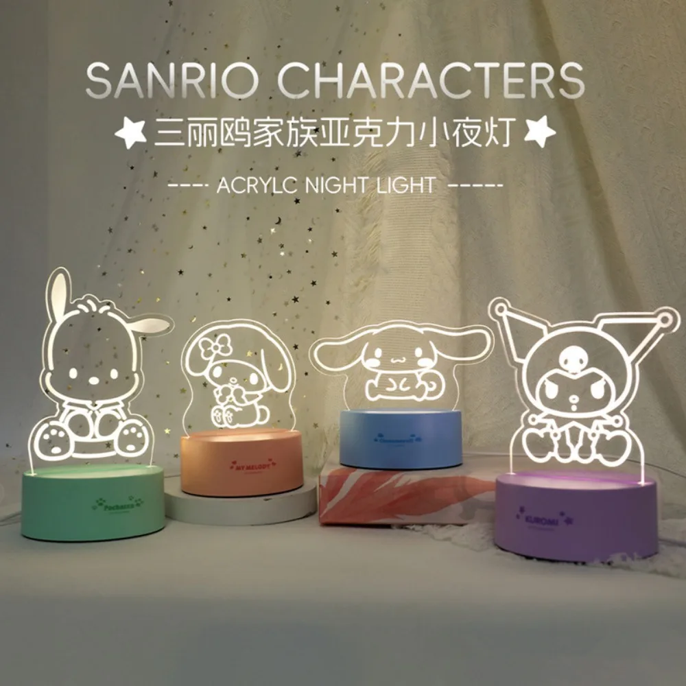 Sanurgente-Veilleuse de protection des yeux en acrylique USB, personnages Kuromi Cinnamoroll My Melody Pochacco, modèle d'ornement, cadeau d'anniversaire pour fille