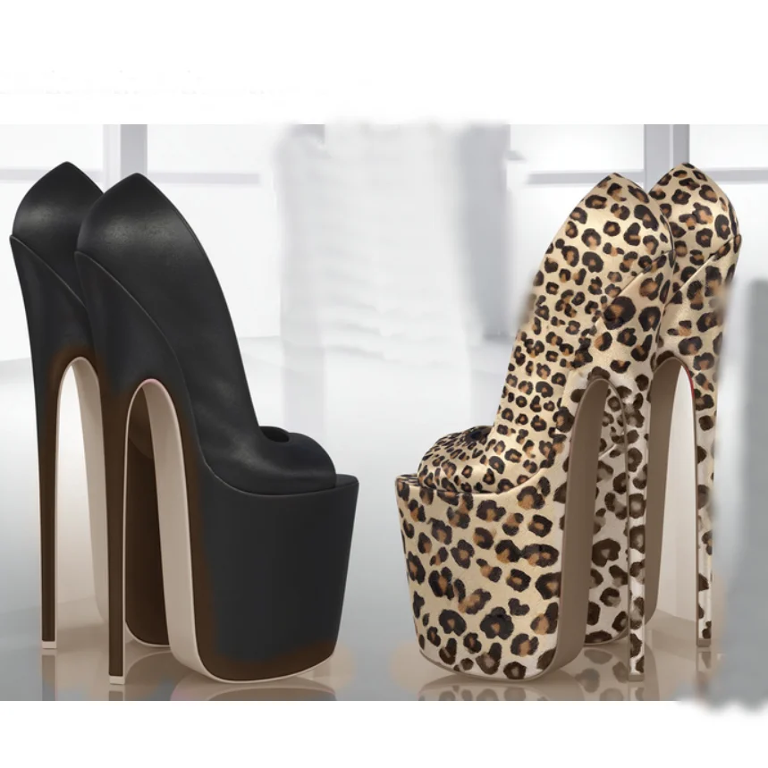 

Leopard Slip On Platform Shallow Pumps Thin High Heel Peep Toe Fashion Cool 2025 Summer Big Size Woman Shoes Zapatillas Mujer