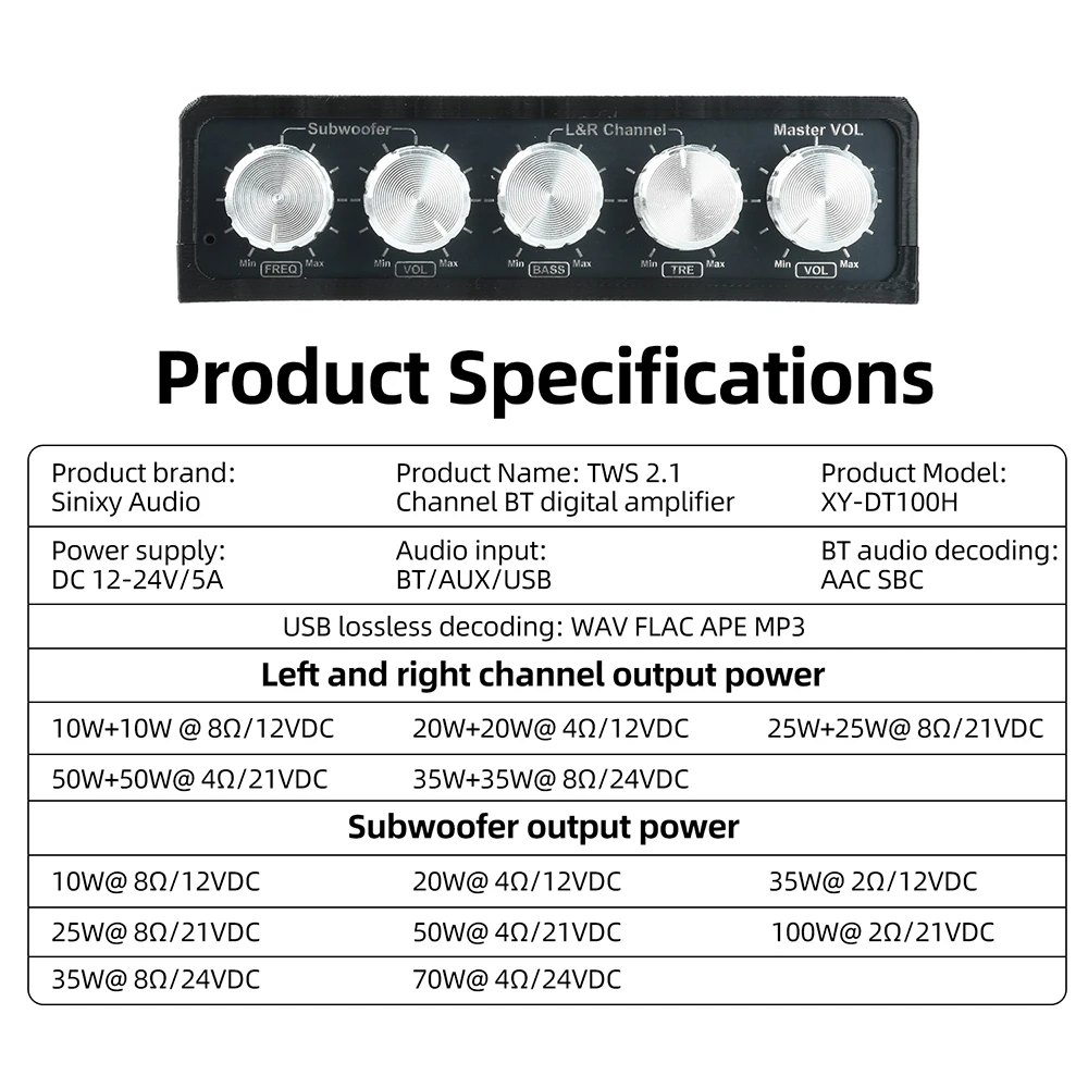 XY-DT100H 2.1-Kanal Bluetooth Digital-Verstärkerplatine Audio-Modul TWS Bass-Boost 50W+100W DC12-24V Stromversorgung für Heimaudio – Detail 12