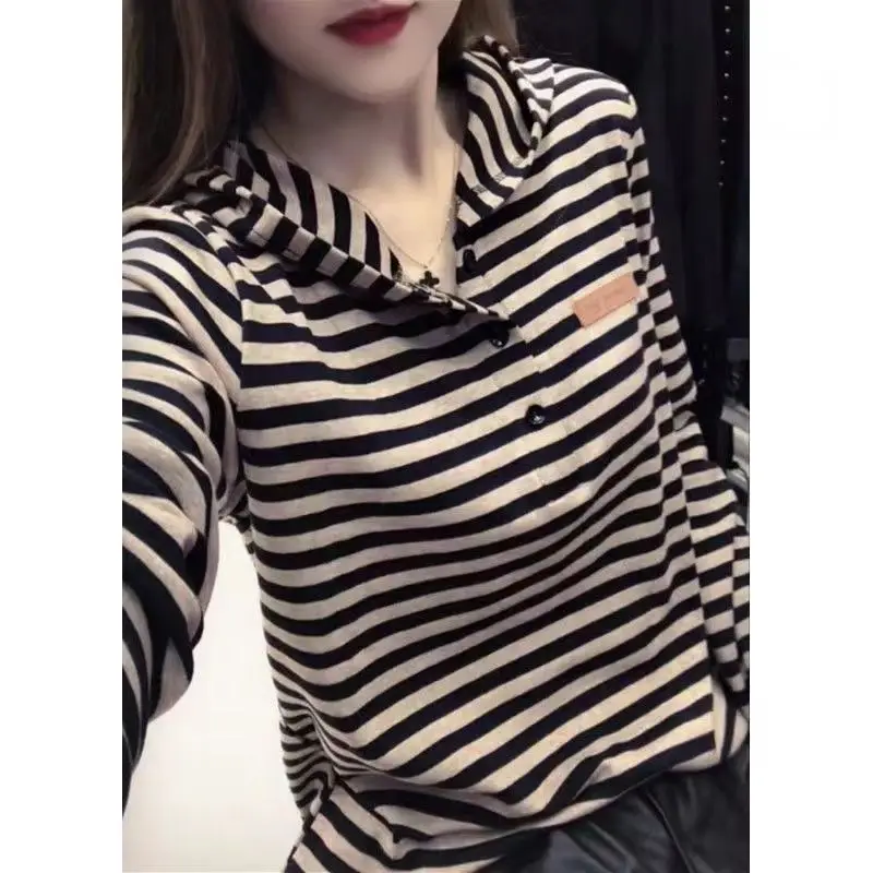 100% Pure Cotton Long Sleeved Hooded Women\'s T-shirt Spring Autumn New Casual Versatile Slimming Stripe Trendy Top for Women