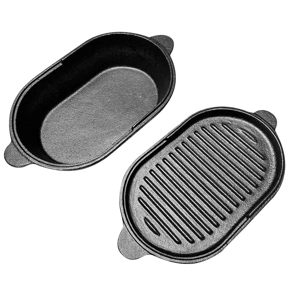 11 X 6.3in Iron Griddle Pan Oval Grill Pan Reversible Grill Plate 2-in-1 for Indoor & Outdoor Cooking