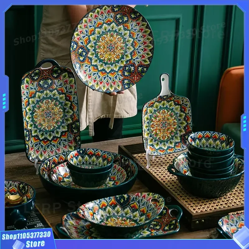 Nordic Bohemian Ceramic Dinner Plate Set Elegant Cutlery for Party Restaurant Tableware Home Kitchen Dining Decor Accessories