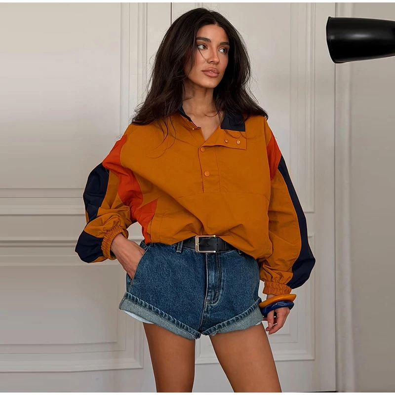 Contrast Color Fashion Wind Jacket Turn Down Collar Zipper Elastic Cuff Hem Long Sleeve Windproof Coat 2026 Autumn Women Coats