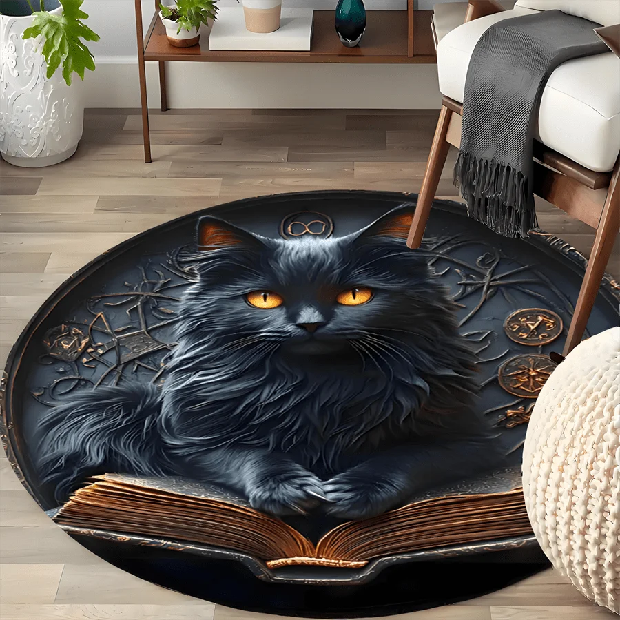 1pc 2D Flat Round Floor Mat, Black Cat Themed Printed Rug, Holiday Home Decor, Suitable for Kitchen, Home, Office, Laundry Room