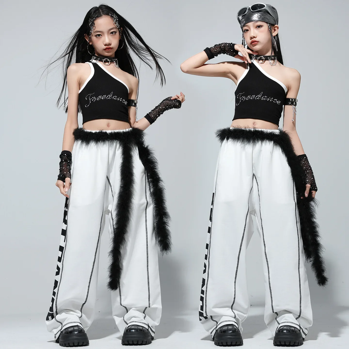 子供ストリートダンスジャズパフォーマンス衣装女の子ヒップホップ服ファッションキャットウォークステージ光沢のあるノースリーブクロップトップロングパンツスーツ