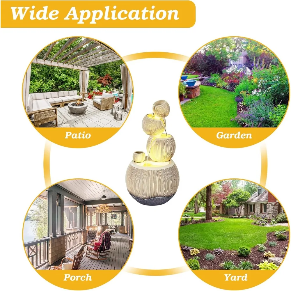 39H Outdoor Garden Water Fountain, 4-Tier Large Waterfall Resin Fountain with LED Lights, Mini Aquarium for Garden and Patio