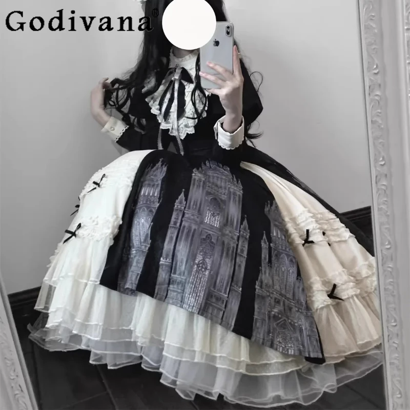 Spring Autumn New Long Sleeve Stand Neck Lace Banquet Lolita Dress Girls Versatile Age Reduction High Waist A-line Party Dresses