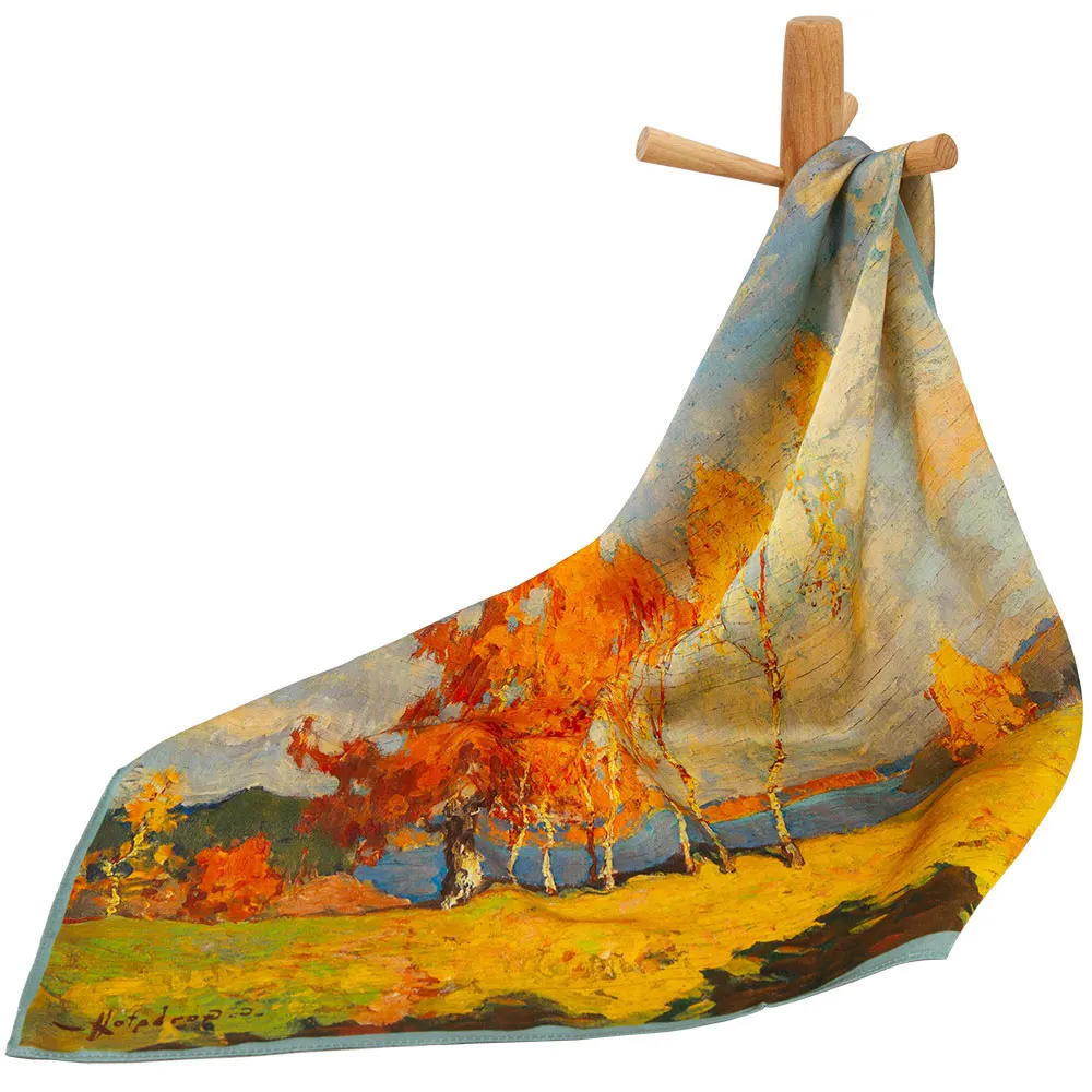 53cm Pure Silk Scarf Women Autumn Landscape Bandana Art Print Neckerchief Orange Trees Lake Painting Square Wrap Gift for Lady