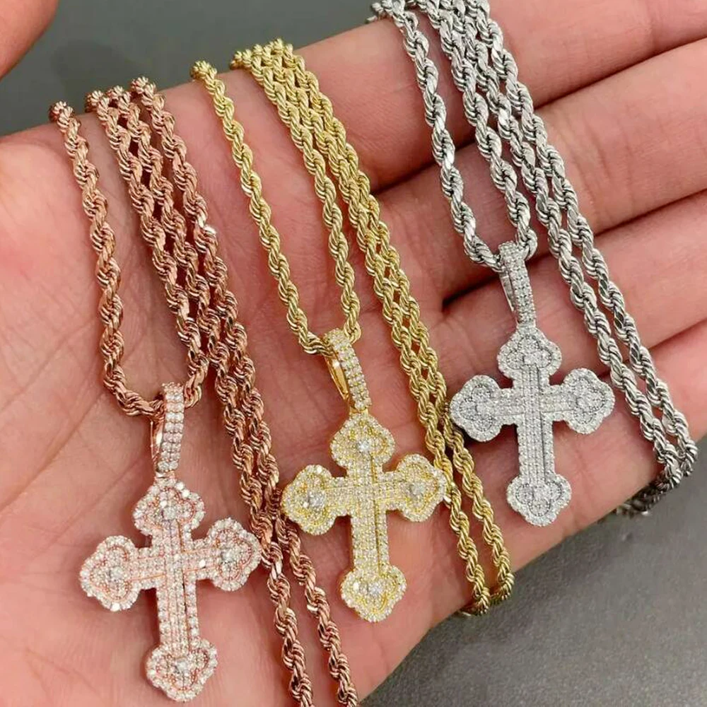 Hip Hop Cross Pendant Necklace Full Paved Cubic Zircon Rope Chain Iced Out Bling CZ Women Men Jewelry