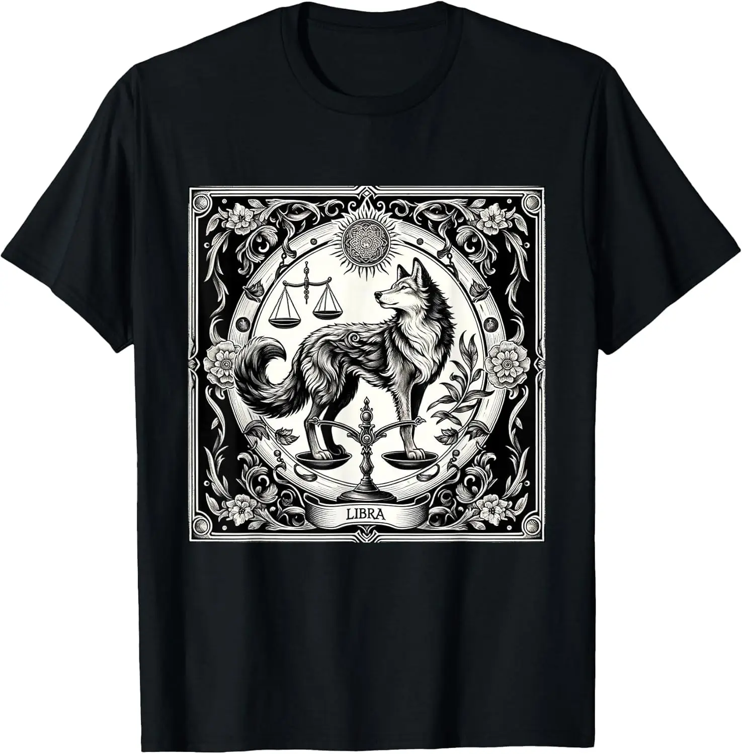 Libra Wolf, Celestial Zodiac Tarot Astrology Wolves T-Shirt 100% Cotton Trendy Y2K Short-Sleeve Tee-Soft, Quick-Drying,