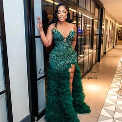 Hunter Green Slit Prom Dresses With Sheer Neck Major Beads Tiered Luxury Mermaid Evening Gowns Customized Aso Ebi Party Dress