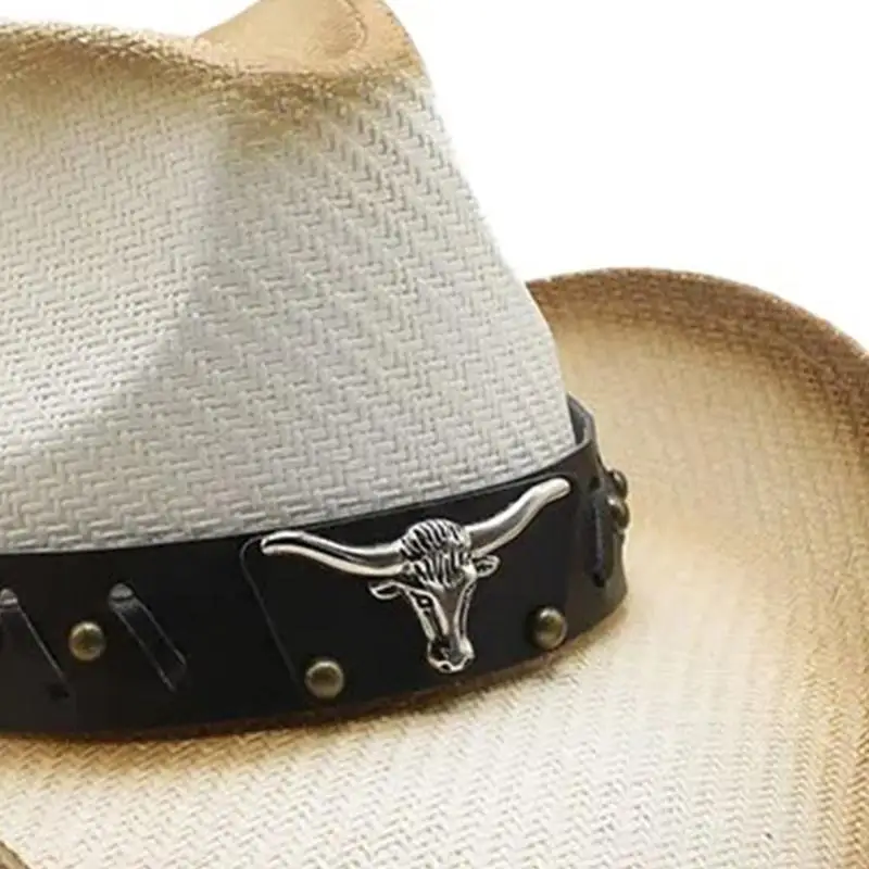 T21F Western Cowboy Hats for Adult Wide Brims Cowboy Hats Elagant Music Festival Hat Masquerades Bull Head Belt Hat Headwear