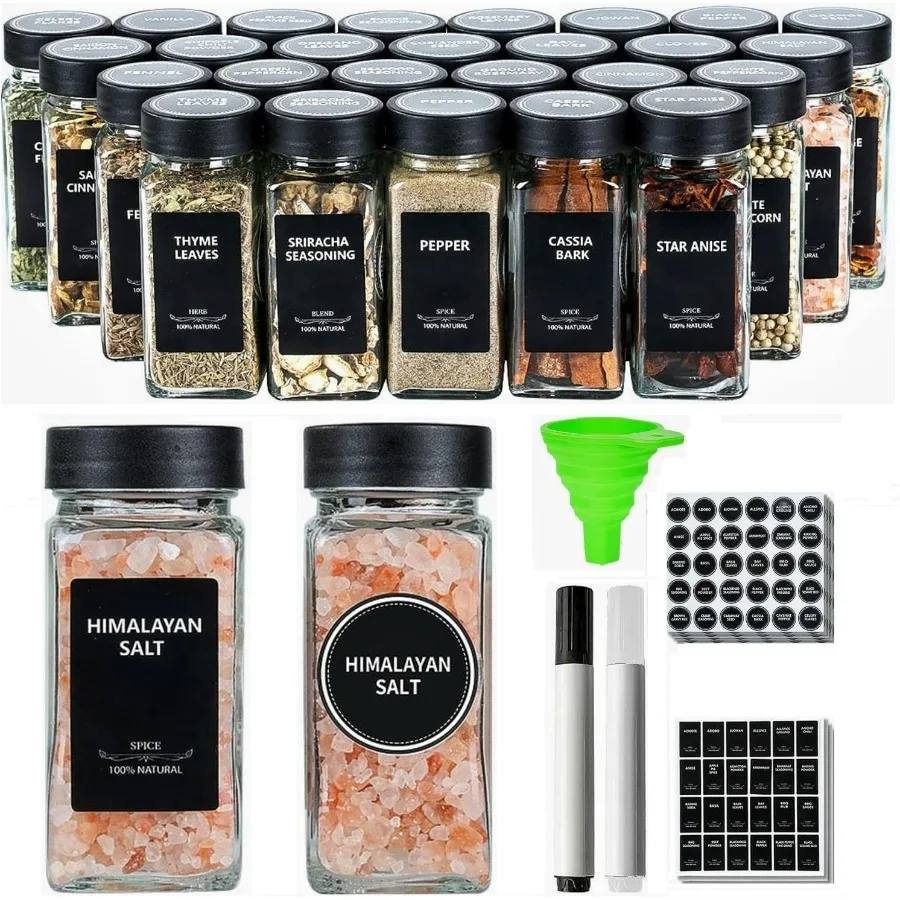 

48Pcs Spice Jars Containers with Labels4oz Black Seasoning Bottles with Shaker Lids for Rack Cabinet Drawer Empty Square Condim