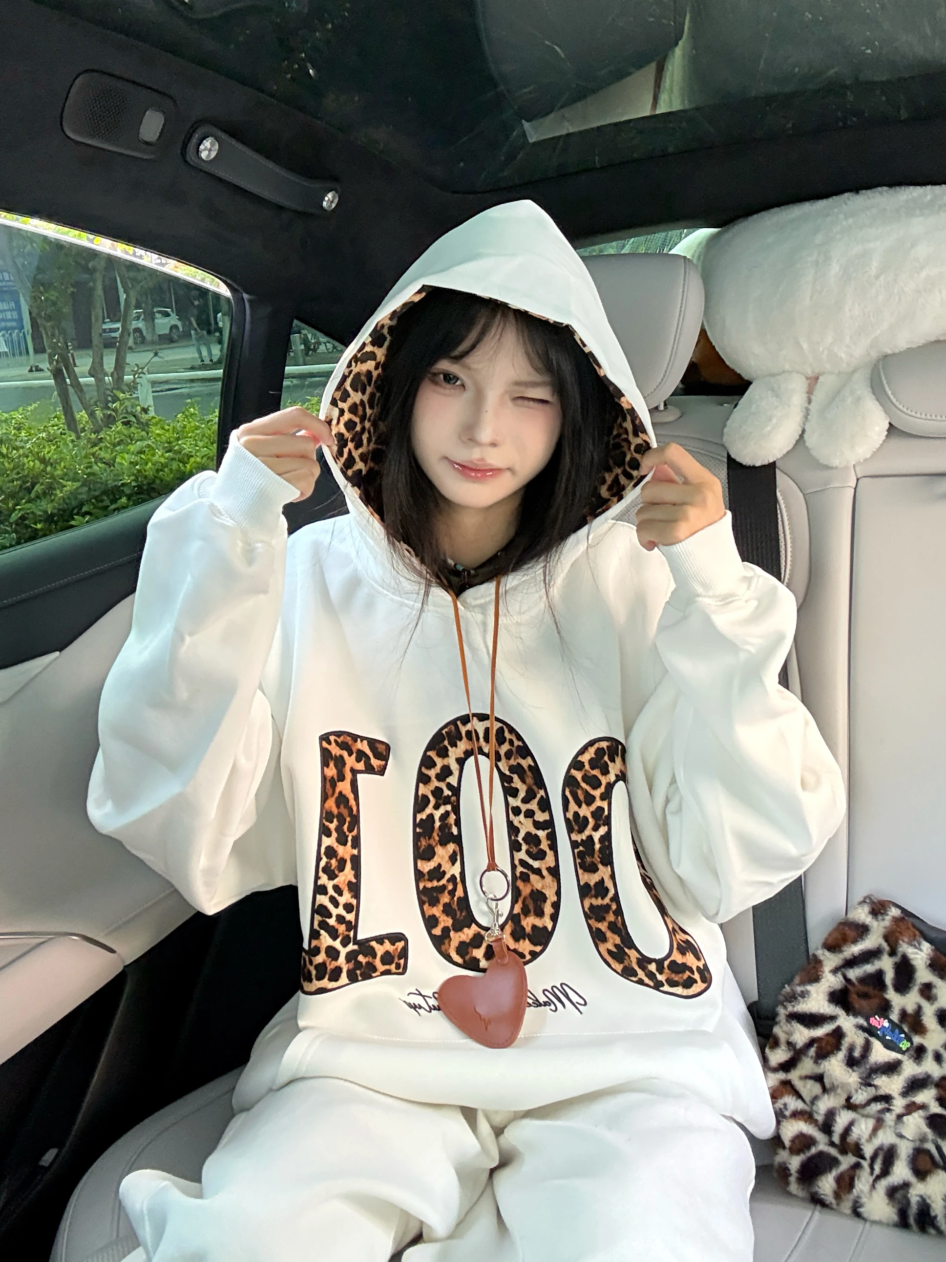 여성용 롱 슬리브 후드티 레오파드 프린트 패치워크 자수 스트리트 스타일 커플용 면 폴리에스터 혼방 편안한 핏 후드티