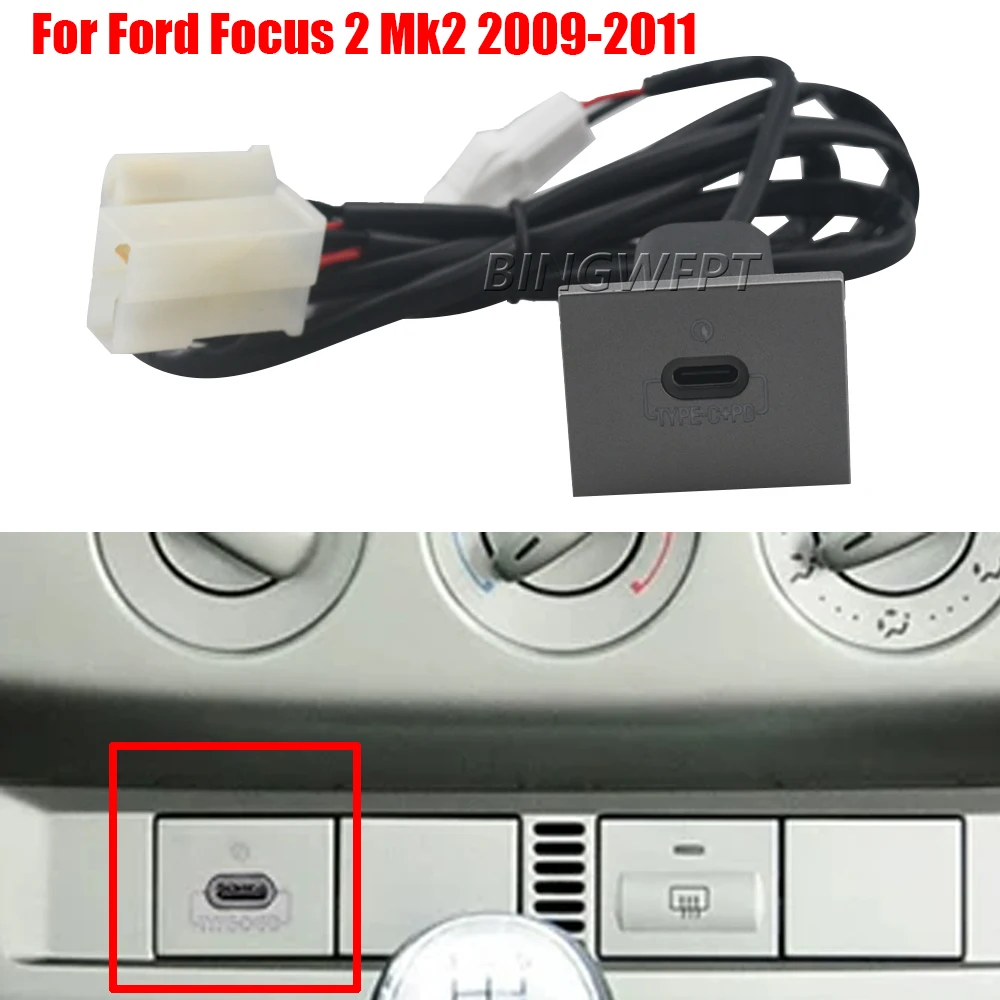 Red Light Type-C PD USB Charger Socket Fast Charge Adapter Power Outlet Switch For Ford Focus 2 Mk2 2009-2011 Car Accessories