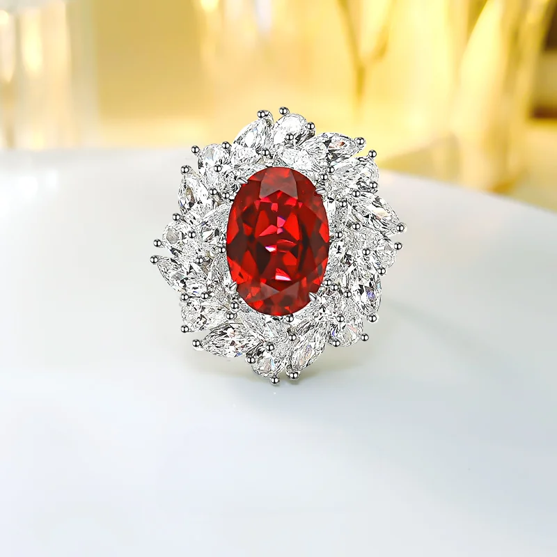 

Luxury Seiko Artificial Red Treasure 925 Sterling Silver Flower Ring Set with High Carbon Diamonds, Versatile Wedding Jewelry