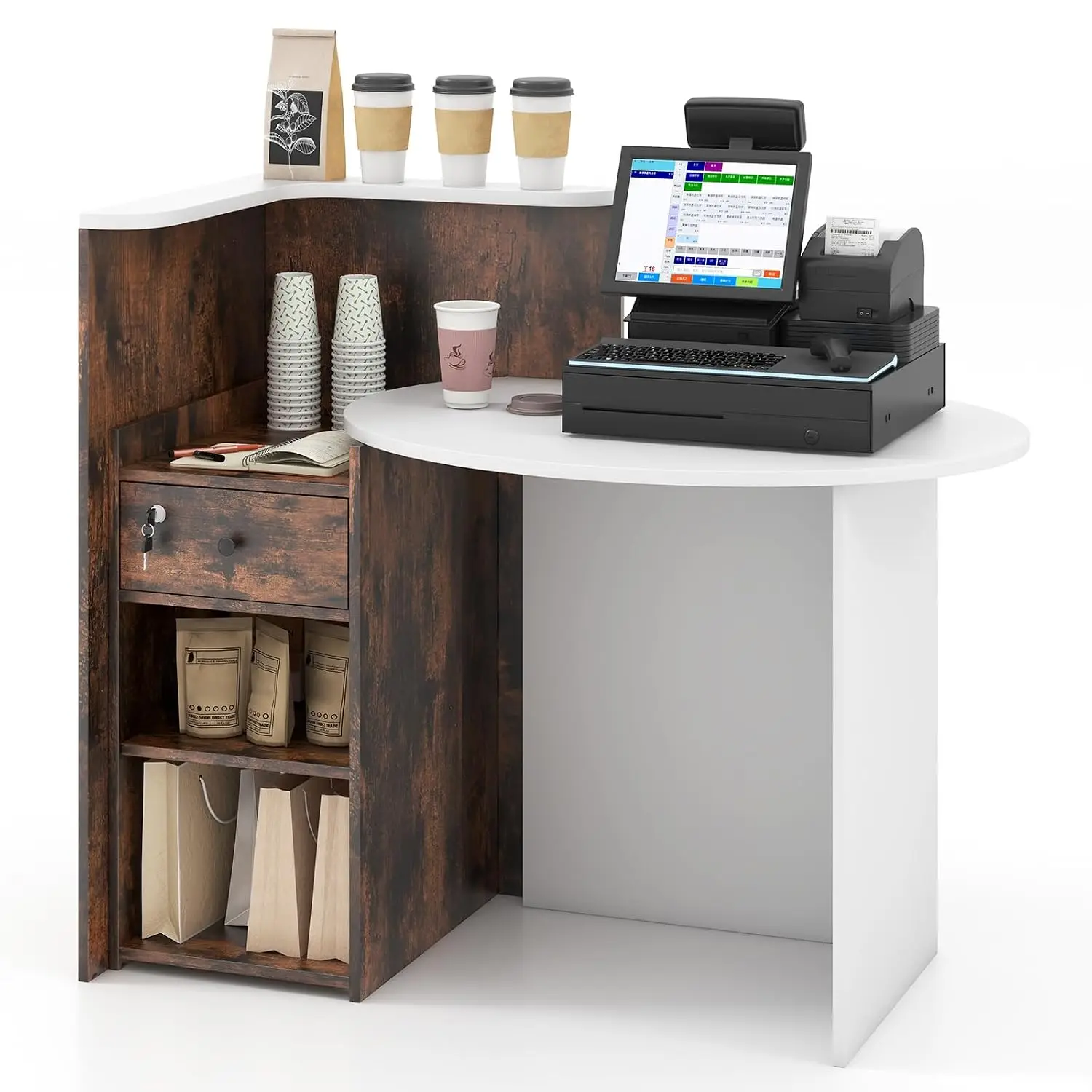 Reception Desk, Front Counter Desk with Lockable Drawer, Checkout Table with Round Tabletop, Corner Shelf &, Customized