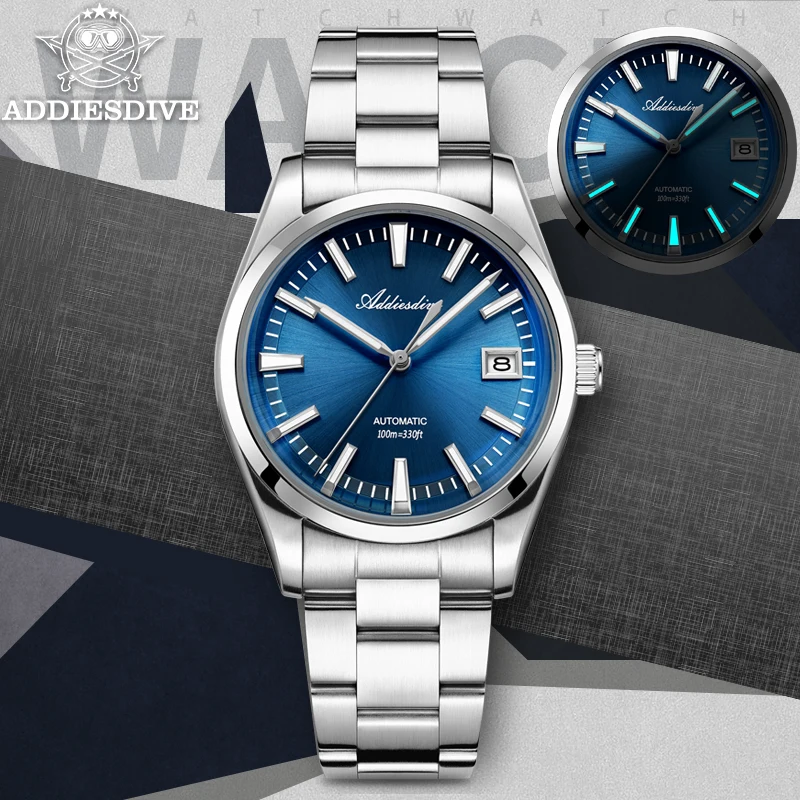 

ADDIESDIVE NEW AD2077 Men Mechanical Wristwatches Sunburst Dial AR Coated Coated Dome Glass Waterproof Luxury Automatic Watches