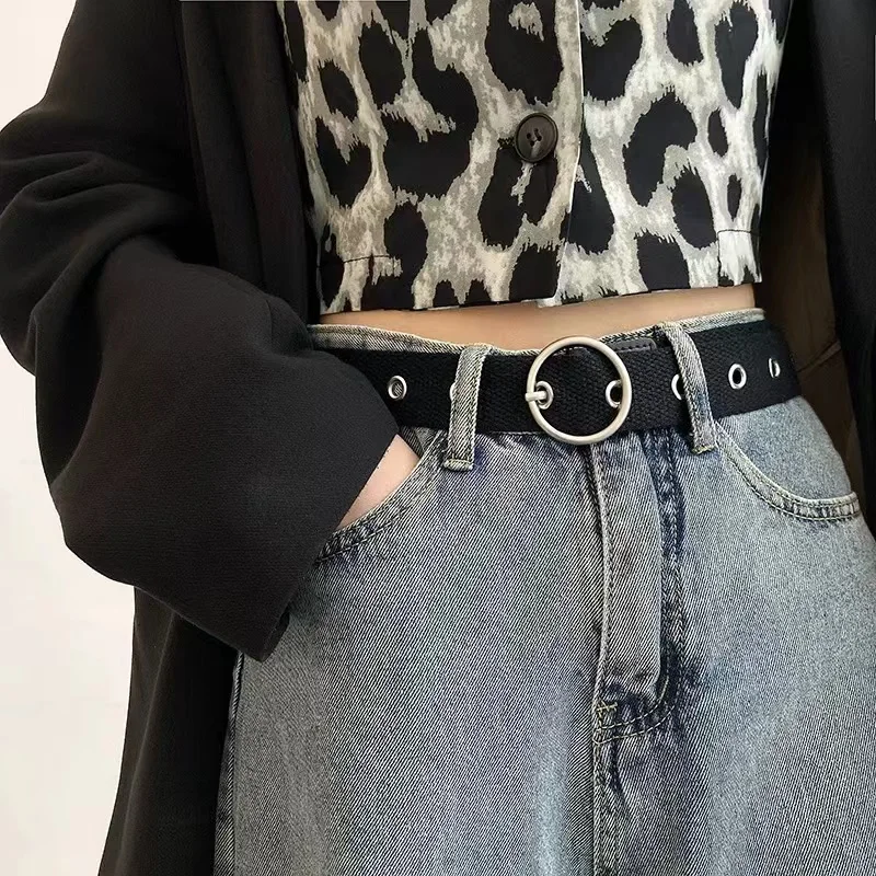 Belt for women in summer, Korean hollowed out full body with holes paired with jeans, student canvas, black, simple, non perfora