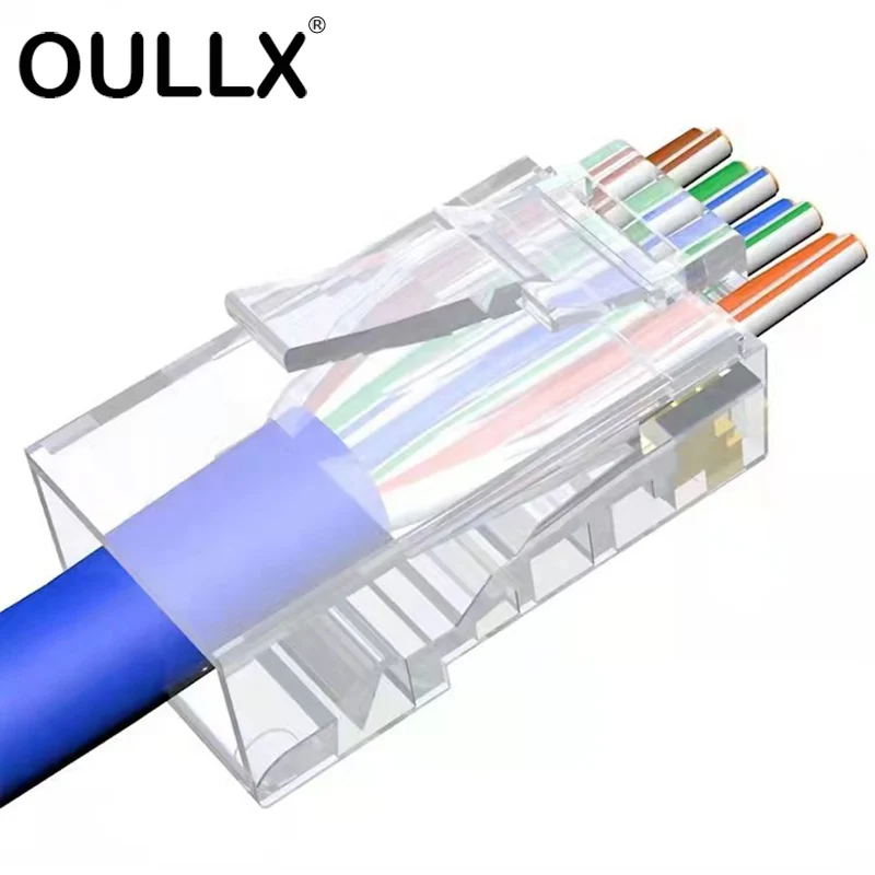 50U RJ45 Connector Cat6 UTP Piercing Double Row Holes Clear Gold Plated Pass Through Ethernet Cables Network RJ-45 Crystal Heads