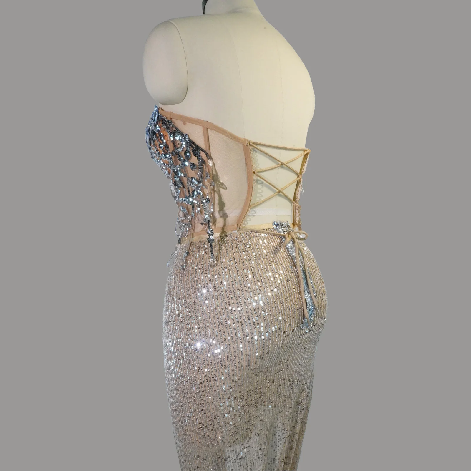 Sparkling Rhinestone Evening Dress Women Sexy Beaded Sequins Formal Party Gown Stage Performance Outfit Singer Dancer Costume