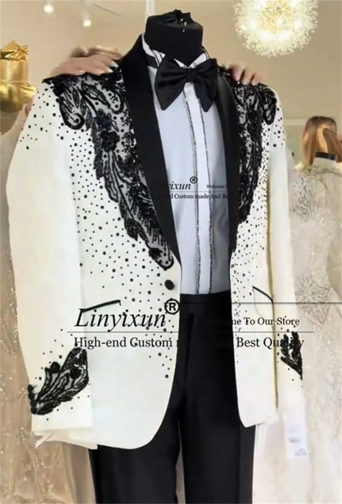 

Luxury Beaded Crystal Men Suits 2 Piece Set Male Prom Blazer Customized Shawl Lapel Groom Wedding Tuxedo Slim Fit Ropa hombre
