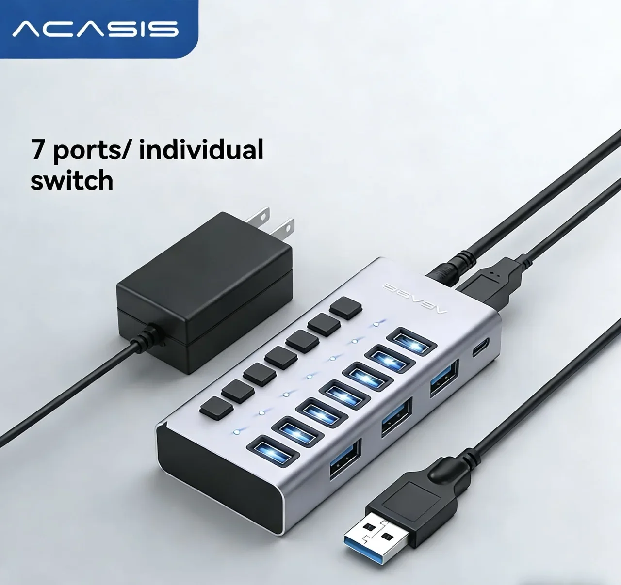Acasis USB 3.1 10Gbps 7 Ports Splitter USB Extender Individual Switch Docking Station For Data transfer and Charging