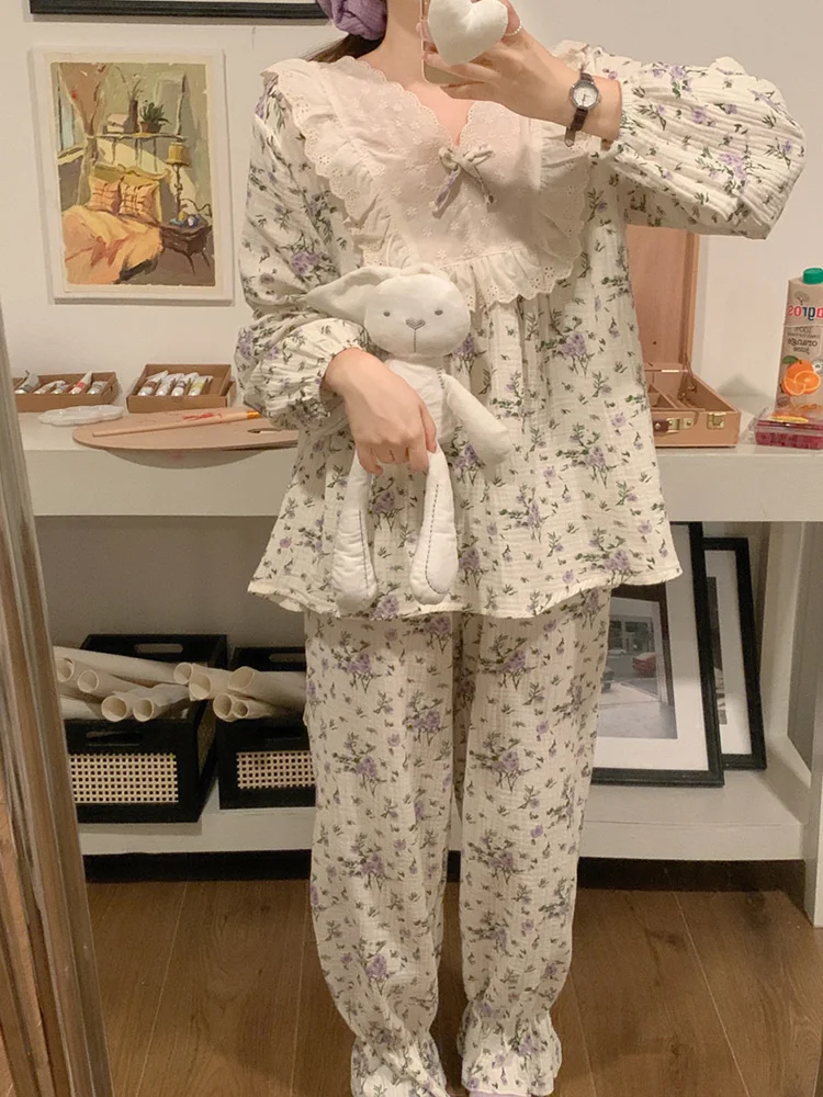 Sweet Flowers Lace Floral Soft Spring Long Sleeve Pajama Set Women Bow Tie Loose Elegant Casual NightDress Korean Sleepwear Ins