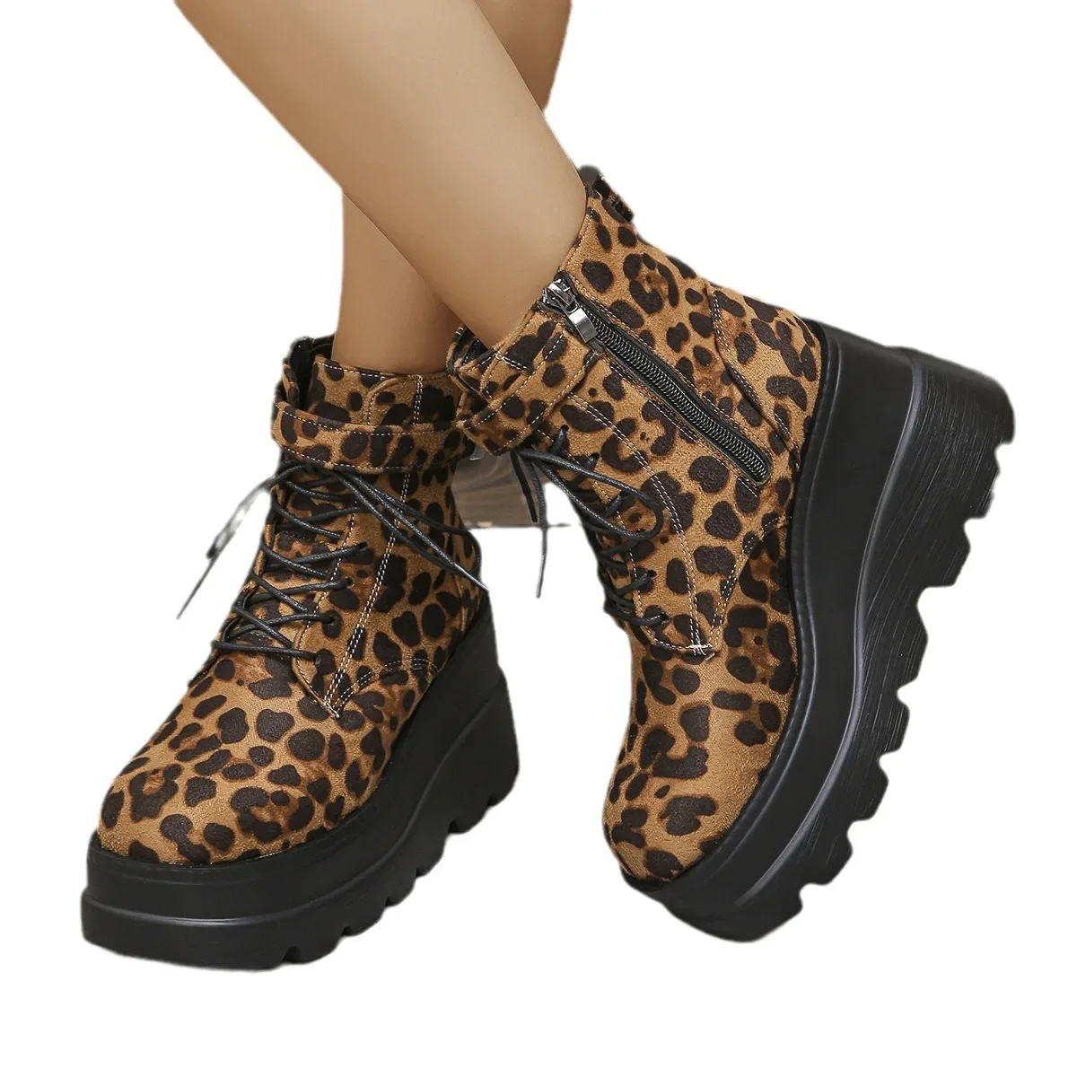 2024 Ladies Shoes Large Size Ankle Women\'s Boots High Heel Modern Boots Women Leopard Side Zip Front Lace-up Wedge Female Shoes