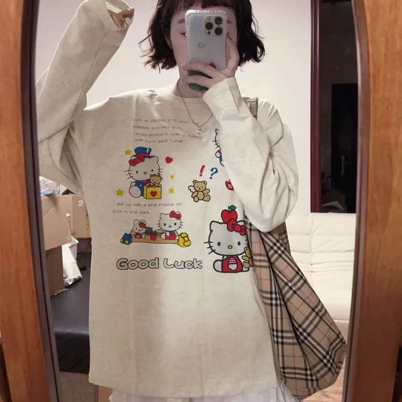 سانريو مرحبا كيتي الشباب المرأة تي شيرت Kawaii الكرتون الخريف والشتاء موضة ملابس امرأة طويلة الأكمام تيز القمم Newstyle #6