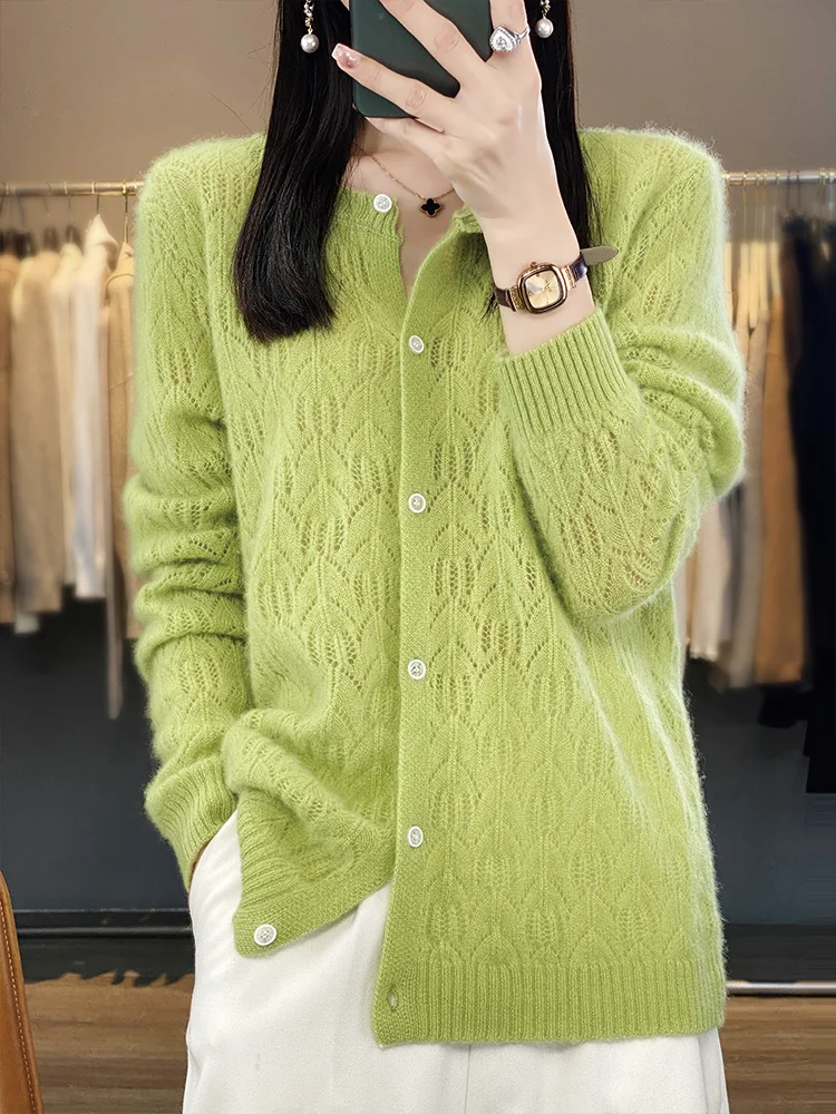 Women Cashmere Sweater Autumn Winter Hollow Cardigan 100% Merino Wool Knitwear  O- Neck Solid Color Temperament Top Coat