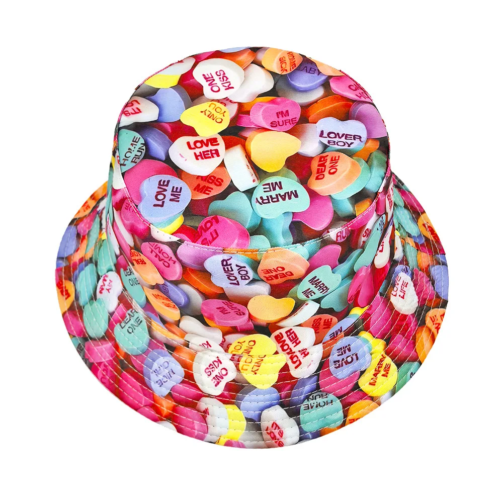 Heart Shaped Candy Pattern Panama Women Men Summer Outdoor Sunscreen Bucket Hats Love Decorate Fisherman Hat Female Sun Gorras 2