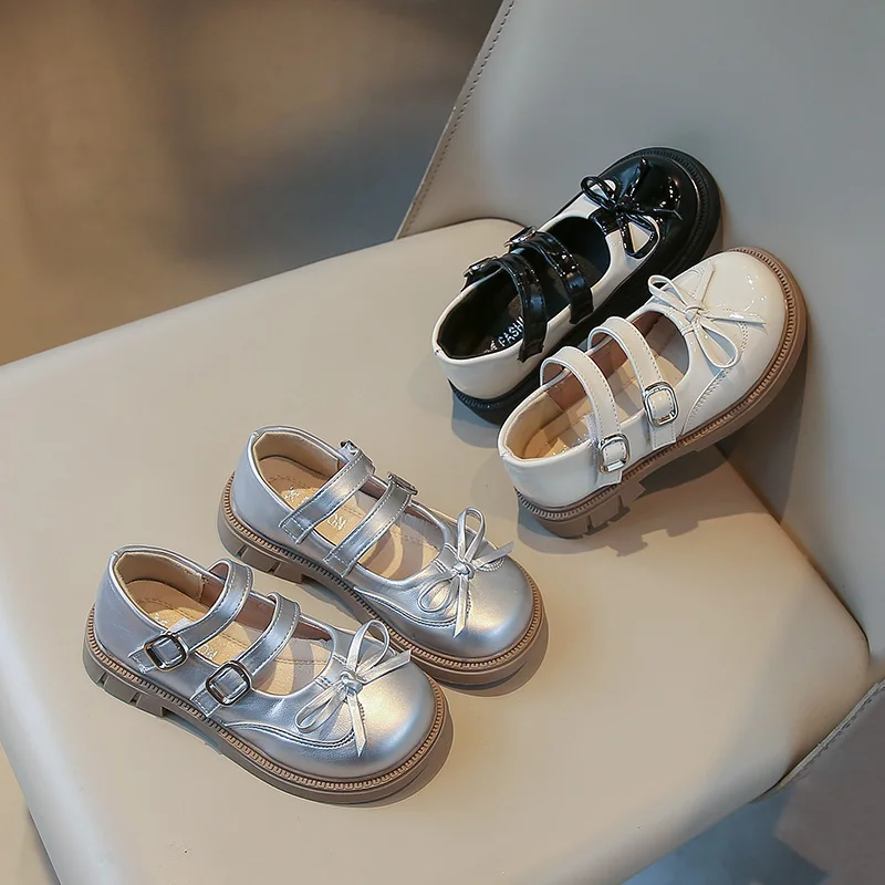 Kids Flats Versatile Simple Bows Girls Princess Shoes Round Toes 2025 Brand New Children Leather Shoes Casual Double Hook&loop