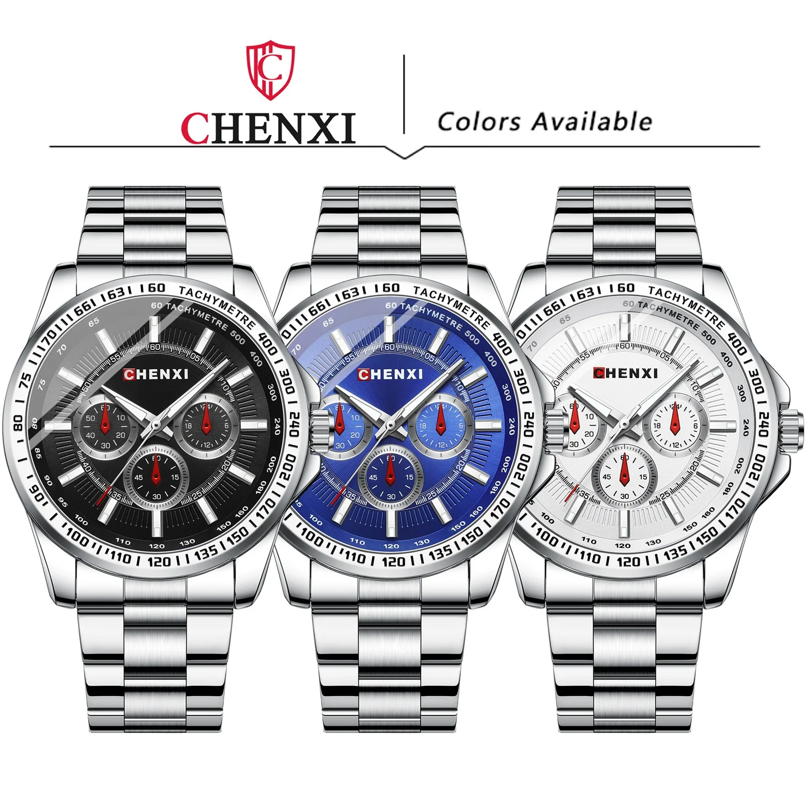 CHENXI 014B Men Quartz Watch Blue White Black Round Fashion Business Luminous Silvery Stainless Steel Male Wristwatch